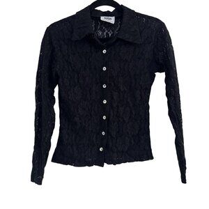 Wildfire Clothing Co. Womens Black Lace Floral Long Sleeve Collar Button Top L